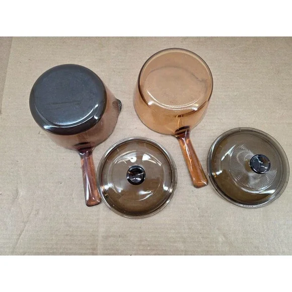 Vintage Vision Corning Sauce Pan Pot w/Pyrex Lid Amber Glass Cookware 2 of